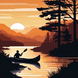 Canoeing on a Calm River at Sunrise Clipart - A canoe paddling on a calm river at sunrise.  color vector clipart, minimal style