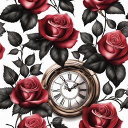 Rose clock tattoo, Creative tattoos featuring both roses and clocks.  color, tattoo patterns, white clean background