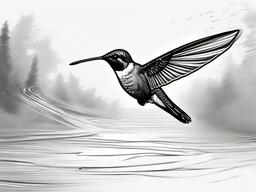 drawing of a hummingbird flying over a stream  minimal rough sketch scribbles,doodles,black and white