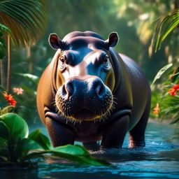 Cute Hippo Cooling Off in a Tropical Watering Hole 8k, cinematic, vivid colors