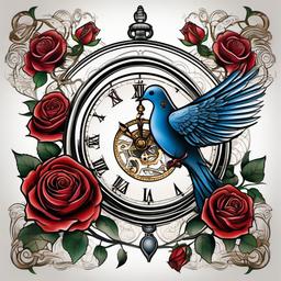 Dove Clock Rose Tattoo Drawing-Intricate and artistic drawing of a tattoo featuring a dove, clock, and rose, showcasing creativity and symbolism.  simple color tattoo,white background