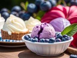 blueberry cheesecake ice cream scooped up at a lively summer fair. 