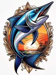 Swordfish Tattoo,a striking tattoo featuring the fierce swordfish, symbol of strength and the thrill of the catch. , color tattoo design, white clean background