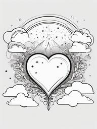 Heart with Stars and Clouds Coloring Pages - Dreamy Heart in a Magical Sky  minimal black outline printable sheet, coloring page