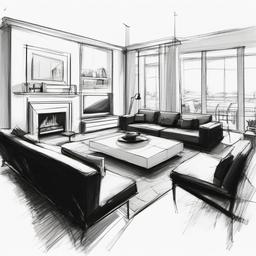 sketch of a living room  minimal rough sketch scribbles,doodles,black and white