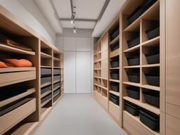 The storage room showcases Japandi interior design with organized bins, clean lines, and a minimalist aesthetic that maximize efficiency while maintaining a serene environment.  