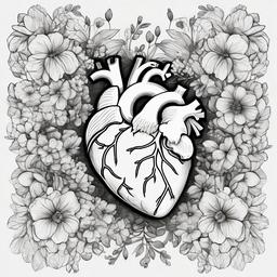 drawing of a heart surrounded by flowers  minimal rough sketch scribbles,doodles,black and white