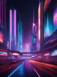 futuristic city skyline illuminated by neon lights and holographic billboards. 