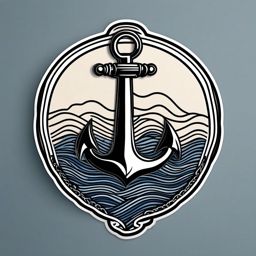 Anchor with Waves Sticker - Nautical anchor with wavy lines, ,vector color sticker art,minimal