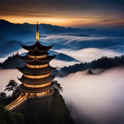 mount emei, china - imagine the misty landscapes and ancient temples of mount emei, a sacred buddhist site, at night. 