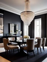 chic dining room with a crystal chandelier and contemporary furnishings. 