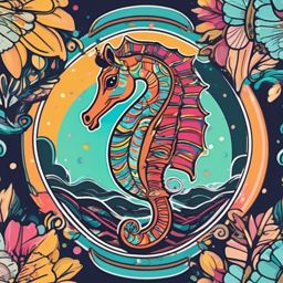 Seahorse Carousel Sticker - A whimsical seahorse on a colorful carousel. ,vector color sticker art,minimal