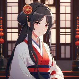 Charming shrine maiden in a serene temple.  front facing ,centered portrait shot, cute anime color style, pfp, full face visible