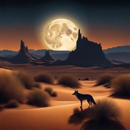 compose a surreal desert landscape with a coyote howling at the moon in the distance. 