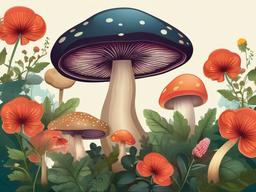 Mushroom clipart - mushroom growing among flowers  