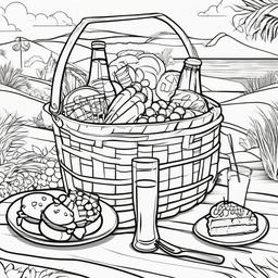 Summer Coloring Pages - Picnic basket overflowing with treats and drinks  simple coloring pages