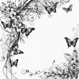 drawing of a vine with butterflies  minimal rough sketch scribbles,doodles,black and white