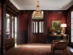 In the entryway, Regency interior design showcases rich colors, ornate moldings, and tasteful decor that provide a warm and inviting welcome to guests.  