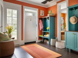 Retro mudroom features colorful accents, playful decor, and vintage-inspired storage solutions that bring a fun vibe to the entry experience.  