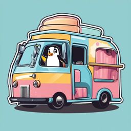 Penguin Ice Cream Truck Sticker - A penguin driving an ice cream truck, spreading joy. ,vector color sticker art,minimal