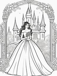 Fairytale Wedding Coloring Pages - Princess in a Magical Wedding Scene  minimal black outline printable sheet, coloring page