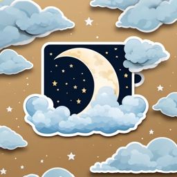 Moon and Clouds Sticker - Crescent moon amidst fluffy clouds, ,vector color sticker art,minimal