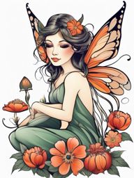 fairy sitting on a flower tattoo  simple color tattoo style,white background