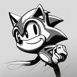 drawing of Sonic The Hedgehog in a 3D setting  minimal rough sketch scribbles,doodles,black and white