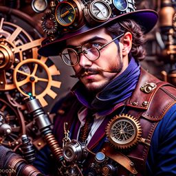 steampunk engineer with goggles and a mechanical arm, surrounded by gears and steam. 