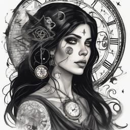 Beautiful black haired woman looking off with white out eyes with a time clock behind her and witchy symbols floating around her as if time was standing still   ,tattoo design, white background