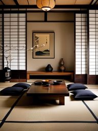 japanese-inspired living room with shoji screens and tatami mats. 