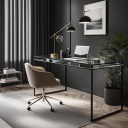 modern home office with a sleek glass desk and minimalist decor. 