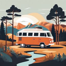 Camper Van Clipart - A cozy camper van in a scenic spot.  color vector clipart, minimal style