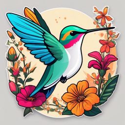 Hummingbird Sticker - A vibrant hummingbird hovering near flowers. ,vector color sticker art,minimal