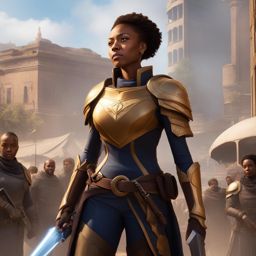 seraphina ironheart, a human paladin, is rallying a group of refugees to safety in a war-torn city. 