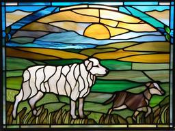 Stained Glass Shepherd Dog - Dog herding sheep in field  