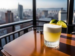 pisco sour at a rooftop bar - sipping a refreshing pisco sour cocktail garnished with a lime slice at a trendy rooftop bar. 