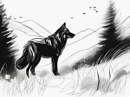 drawing of a wolf in autumn landscape  minimal rough sketch scribbles,doodles,black and white