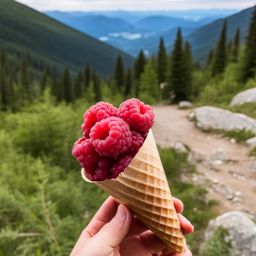 raspberry sorbet scooped onto a cone during a scenic hike in the mountains. 