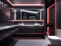 A small bathroom designed with cyberpunk interior design highlights geometric tiles, LED lighting, and sleek fixtures, turning the space into a chic urban retreat.  