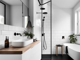 scandinavian bathroom with white subway tiles and minimalist fixtures. 