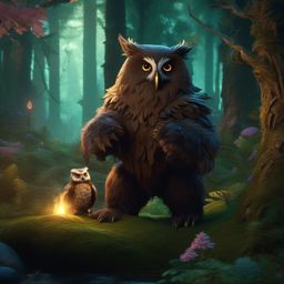Owlbear Cub Playing with a Druid in an Enchanted Forest detailed matte painting, deep color, fantastical, intricate detail, splash screen, complementary colors, fantasy concept art, 8k resolution trending on artstation unreal engine 5