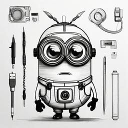 drawing of a minion with gadgets  minimal rough sketch scribbles,doodles,black and white