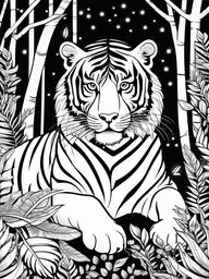 Tiger Coloring Pages - Tiger in a mystic jungle scene with fireflies  simple coloring pages