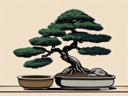 Bonsai Tree Clipart - Miniature bonsai tree in a tranquil Japanese garden.  color clipart, minimalist, vector art, 