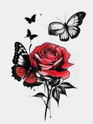 rose and butterfly tattoo ideas  simple color tattoo, minimal, white background