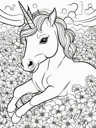 Unicorn Coloring Pages - Baby unicorn lying in a bed of flowers  simple coloring pages