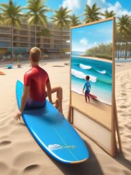 Beachside surf lessons and instructors close shot perspective view, photo realistic background, hyper detail, high resolution