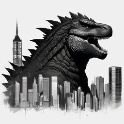 drawing of Godzilla with a cityscape  minimal rough sketch scribbles,doodles,black and white