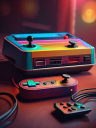 Retro Game Console - A retro video game console with colorful controllers hyperrealistic, intricately detailed, color depth,splash art, concept art, mid shot, sharp focus, dramatic, 2/3 face angle, side light, colorful background